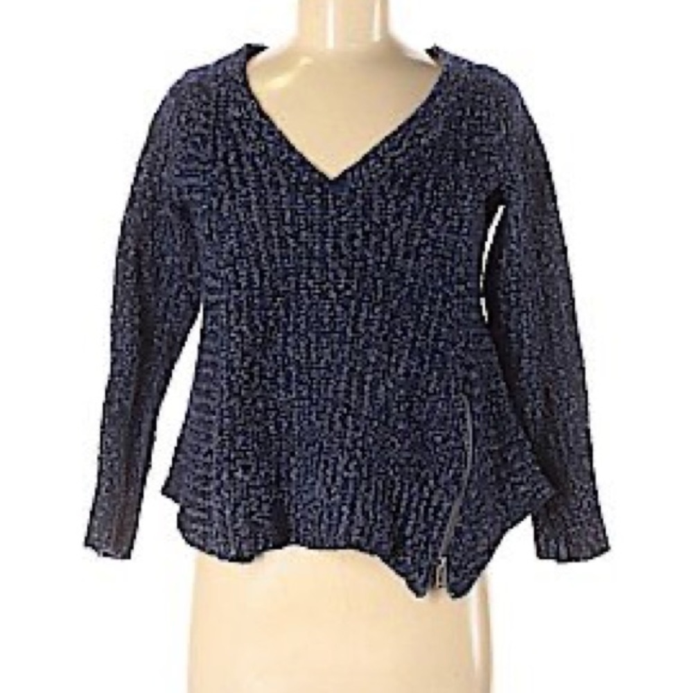 Anthropologie Navy Blue Marble Moth V-Neck Side Zipper Petite Sweater